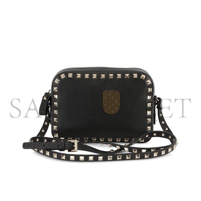 VALENTINO GARAVANI PEBBLED CALFSKIN ROCKSTUD CAMERA CROSSBODY BAG BLACK 168173 (18*13*8cm)